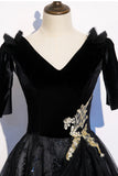 Black velvet lace long prom dress evening dress HZ1023