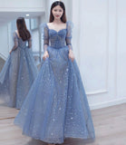 Blue tulle beads long prom dress A line evening dress HZ1023