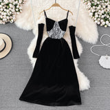 Hepburn style black velvet suspender skirt design sense evening dress skirt HZ1023