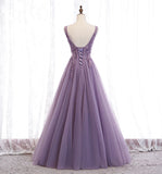 Purple v neck long A line prom dress lace evening dress HZ1023