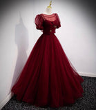 Burgundy tulle long prom dress two pieces evening dress HZ1023