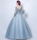 Blue lace applique long prom gown evening dress HZ1023