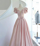Pink satin long A line prom dress pink evening dress HZ1023