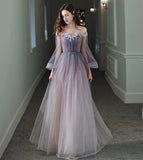 Purple tulle lace long prom dress purple evening dress HZ1023