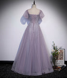 Purple tulle beads long prom dress A line evening gown HZ1023