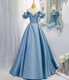 Shiny satin long A line prom dress blue evening dress HZ1023