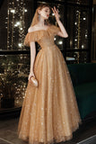 Gold tulle sequins long prom dress evening dress HZ1023