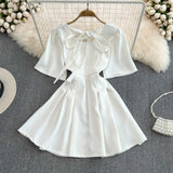 Temperament diamond studded bubble sleeves, slim waist, short A-line dress HZ1023