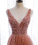 Pink v neck tulle beads prom dress A line evening dress HZ1023