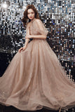 Champagne tulle sequins long A line prom dress evening dress HZ1023