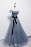 Bule tulle long A line prom dress blue evening dress HZ1023