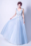 Blue tulle lace long A line prom dress blue evening dress HZ1023