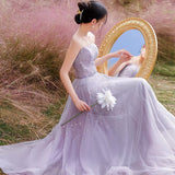 Purple tulle beads long prom dress A ine evening gown HZ1023