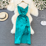 V-neck slim slim acetate Satin pleated split dress dress HZ1023