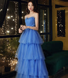 Blue tulle long A line prom dress blue evening gown HZ1023