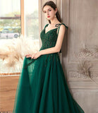 Green tulle lace long prom dress A line evening dress HZ1023