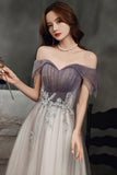 Purple tulle sequins long prom dress A line evening dress HZ1023