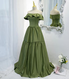 Green satin long A line prom dress green evening dress HZ1023