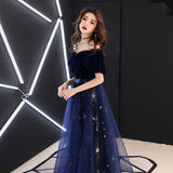 Blue velvet tulle prom dress A line evening dress HZ1023