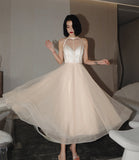 Cute tulle see through short prom dress champagne evening dress HZ1023