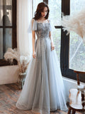 Gray tulle beads prom dress evening dress HZ1023
