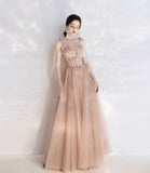 Stylish tulle lace long prom dress A line evening dress HZ1023