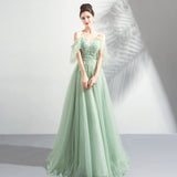 Green tulle lace long prom dress, evening dress HZ1023