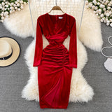 Simple V Neck Velvet Long Sleeve Dress Fashion Dress HZ1023