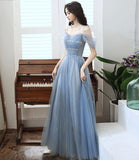 Blue tulle beads long A line prom dress evening dress HZ1023