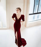 Burgundy velvet long prom dress mermaid evening dress HZ1023