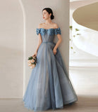 Blue tulle long A line ball gown dress evening gown HZ1023
