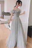 Gray tulle long prom dress A line evening dress HZ1023