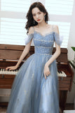 Blue tulle beads long A line prom dress evening dress HZ1023