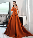 Orange satin long prom dress with bow A line formal dress HZ1023