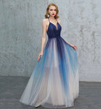 Blue v neck tulle long prom dress blue evening dress HZ1023