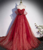 Burgundy tulle sequins long prom dress A line evening gown HZ1023