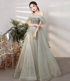 Green tulle sequins long prom dress A line evening dress HZ1023
