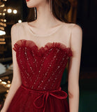 Burgundy tulle sequins long prom dress A line evening dress HZ1023