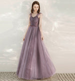 Purple tulle beads long prom dress evening dress HZ1023