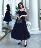 Black tulle tea length prom dress HZ1023