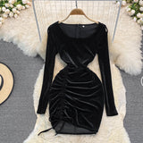 Black Velvet Long Sleeve Dress Sexy Dress HZ1023