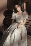Sweet A line sequins long prom dress white evening dress HZ1023