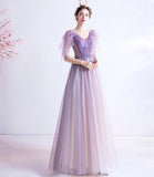 Purple v neck tulle long prom dress A line evening gown HZ1023