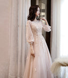 Pink Elegant Fashion A-line Lace Long sleeves Long Tulle Ball Gown Evening Gown Bridesmaid Dress HZ1023