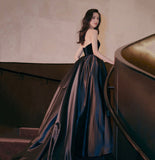 Black velvet satin long prom dress A line evening gown HZ1023