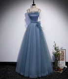 Blue satin tulle long prom dress A line evening dress HZ1023