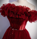 Burgundy tulle long prom dress A line evening gown HZ1023