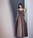 Cute tulle beads long prom dress A line evening dress HZ1023