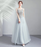 Gray tulle lace long prom dress A line evening dress HZ1023