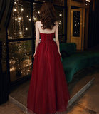 Burgundy tulle sequins long prom dress A line evening dress HZ1023